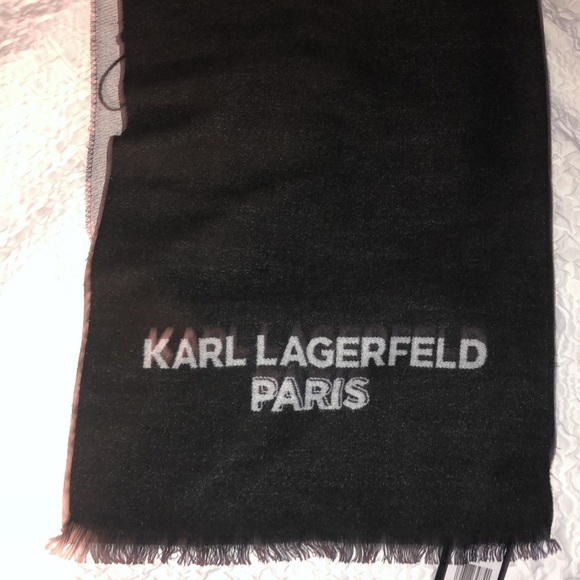 Karl Lagerfeld Black & Gray Rectangular Scarf Studded Eiffel Tower & Choupette - Picture 2 of 16